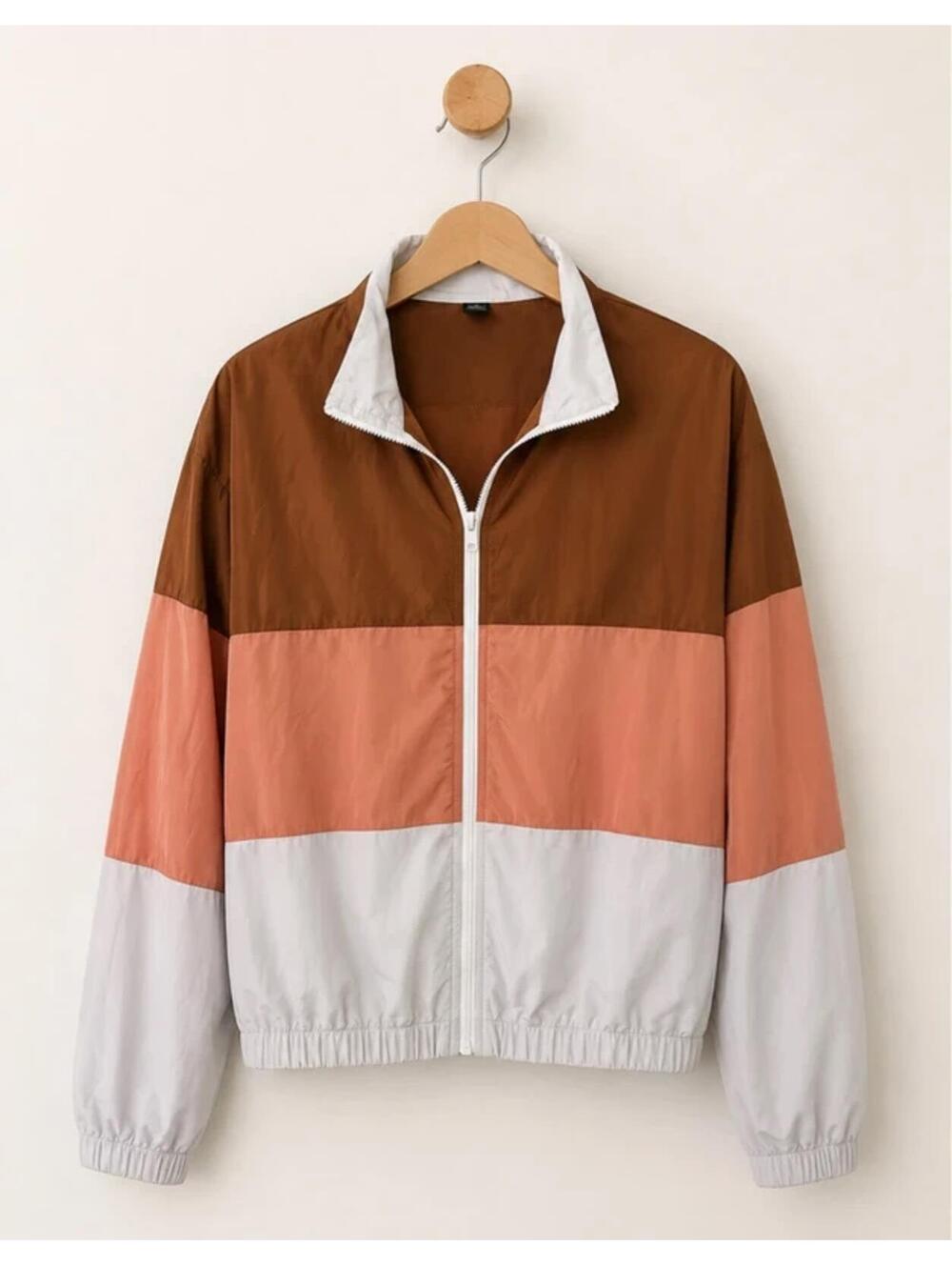 SHEIN Colorblock Windbreaker Jacket Camel Peach Ivory Zip Front Size Large